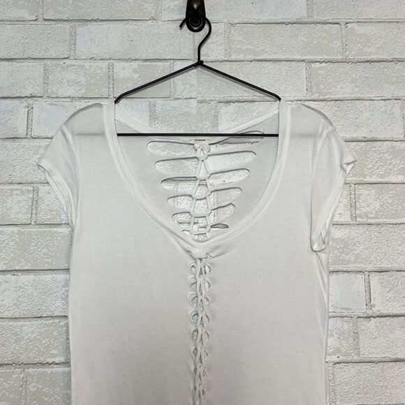 Monrow White Distressed Ladder Cotton Modal Short Sleeve Tee XS - Picture 2 of 6